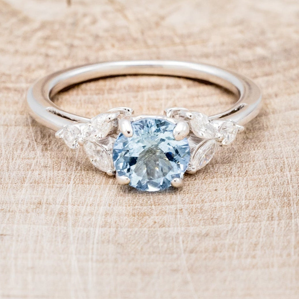 "BLOSSOM" - ROUND CUT AQUAMARINE ENGAGEMENT RING WITH LEAF-SHAPED DIAMOND ACCENTS-10