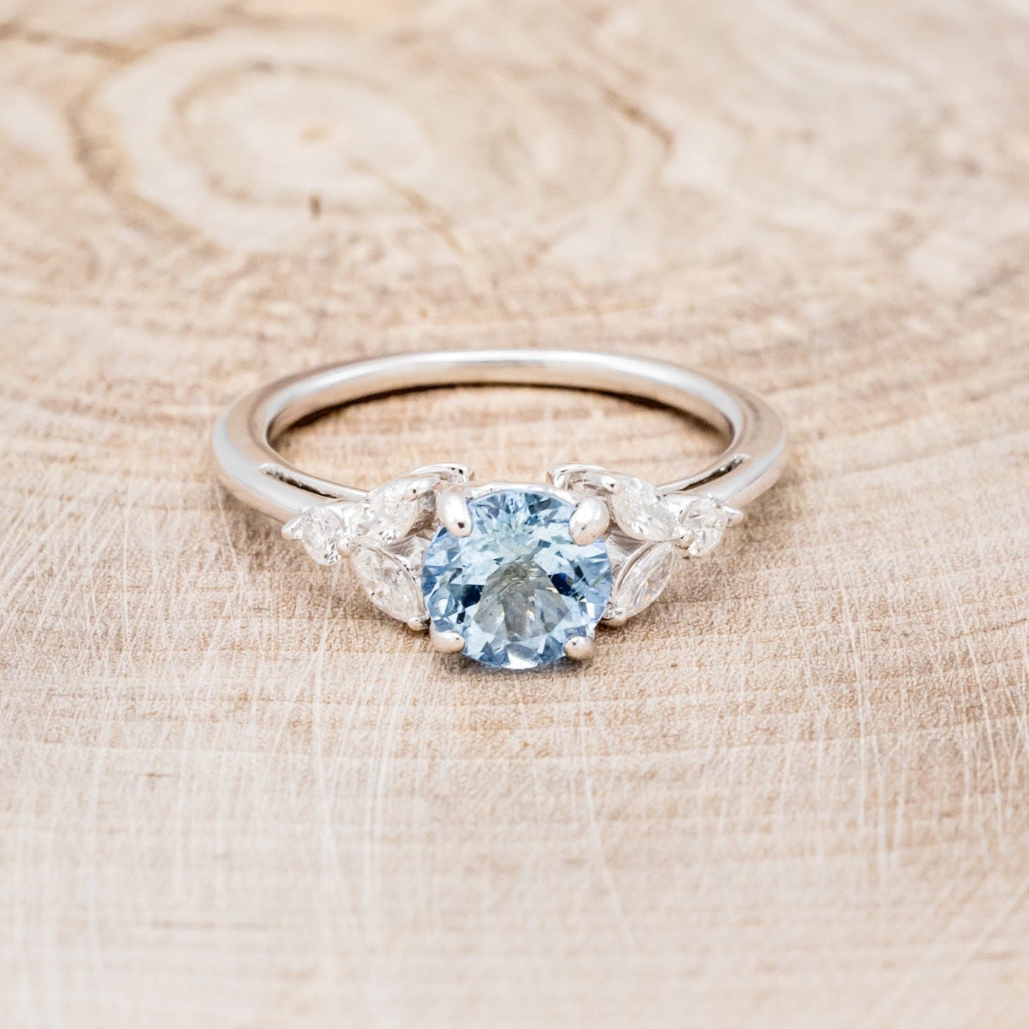 "BLOSSOM" - ROUND CUT AQUAMARINE ENGAGEMENT RING WITH LEAF-SHAPED DIAMOND ACCENTS-10