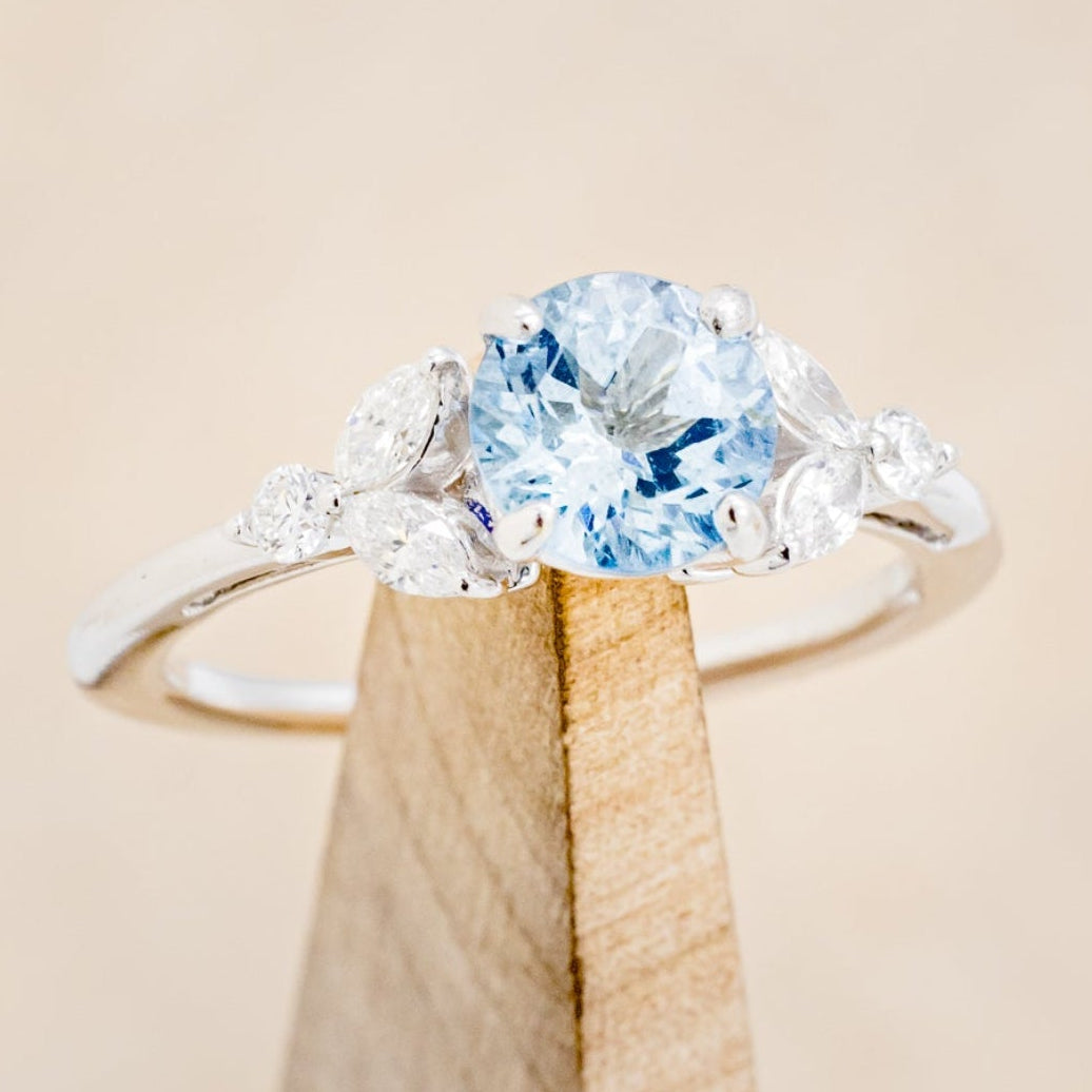 "BLOSSOM" - ROUND CUT AQUAMARINE ENGAGEMENT RING WITH LEAF-SHAPED DIAMOND ACCENTS-7