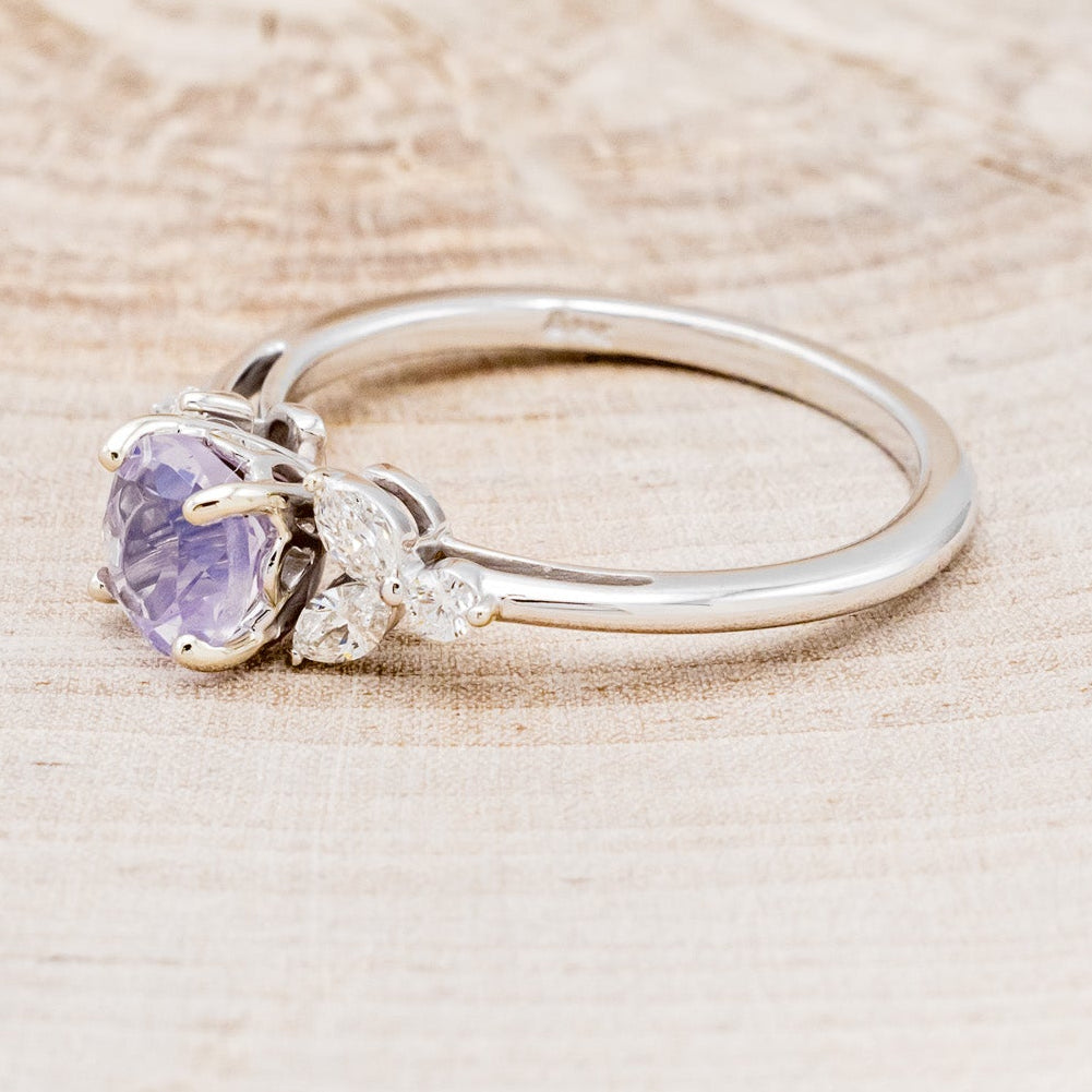 "BLOSSOM" - ROUND CUT LAVENDER QUARTZ ENGAGEMENT RING WITH LEAF SHAPED DIAMOND ACCENTS-3
