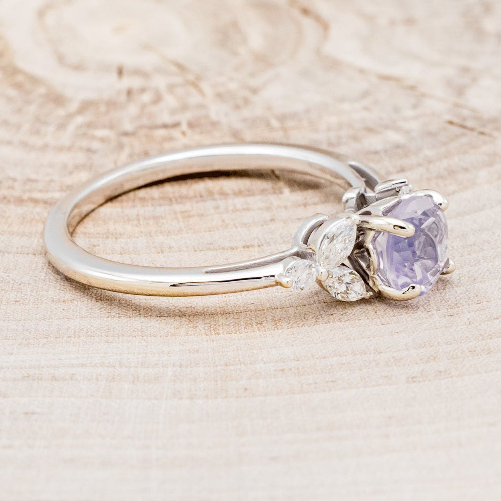 "BLOSSOM" - ROUND CUT LAVENDER QUARTZ ENGAGEMENT RING WITH LEAF SHAPED DIAMOND ACCENTS-2
