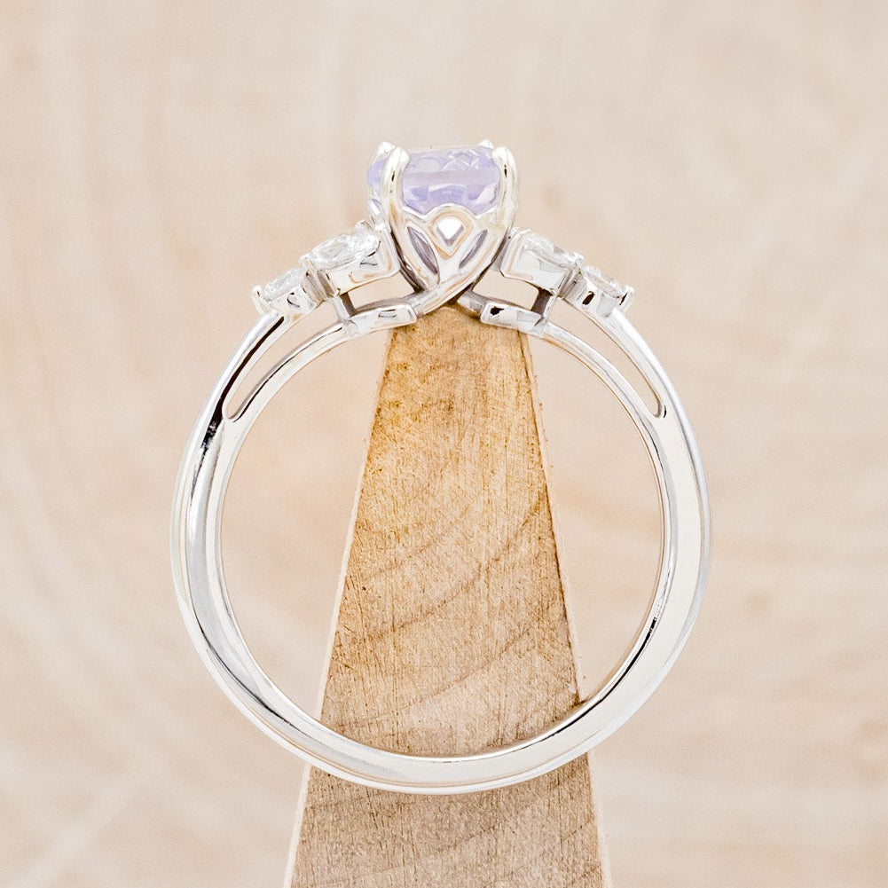 "BLOSSOM" - ROUND CUT LAVENDER QUARTZ ENGAGEMENT RING WITH LEAF SHAPED DIAMOND ACCENTS-6