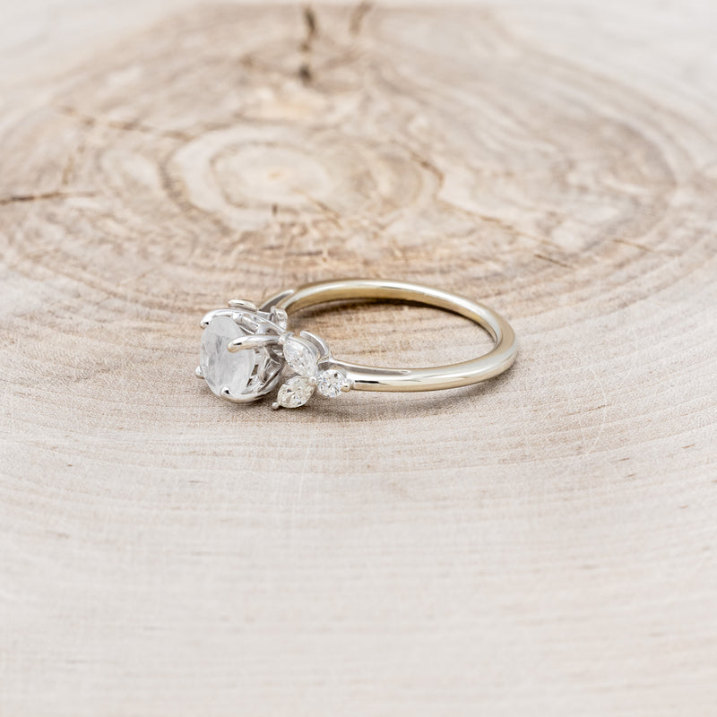 "BLOSSOM" - ROUND CUT MOONSTONE ENGAGEMENT RING WITH LEAF SHAPED DIAMOND ACCENTS - READY TO SHIP