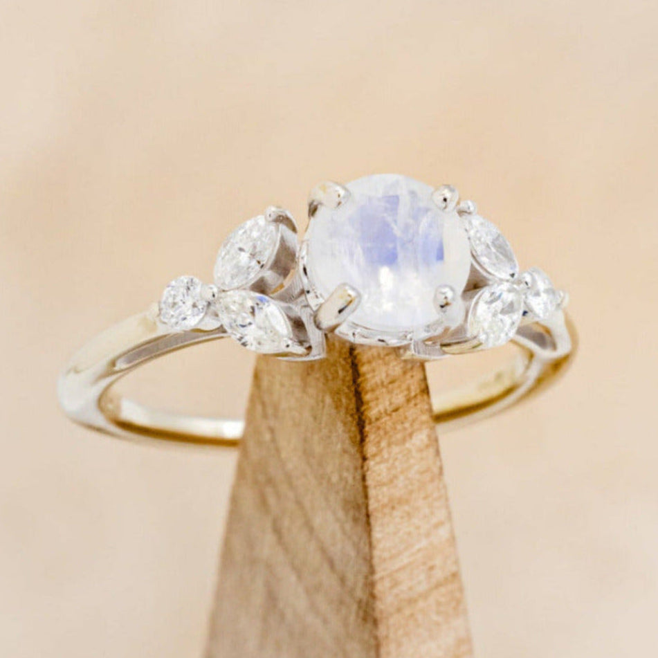 "BLOSSOM" - ROUND CUT MOONSTONE ENGAGEMENT RING WITH LEAF SHAPED DIAMOND ACCENTS-7