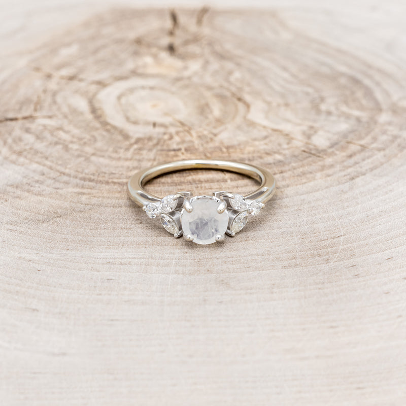 "BLOSSOM" - ROUND CUT MOONSTONE ENGAGEMENT RING WITH LEAF SHAPED DIAMOND ACCENTS - READY TO SHIP