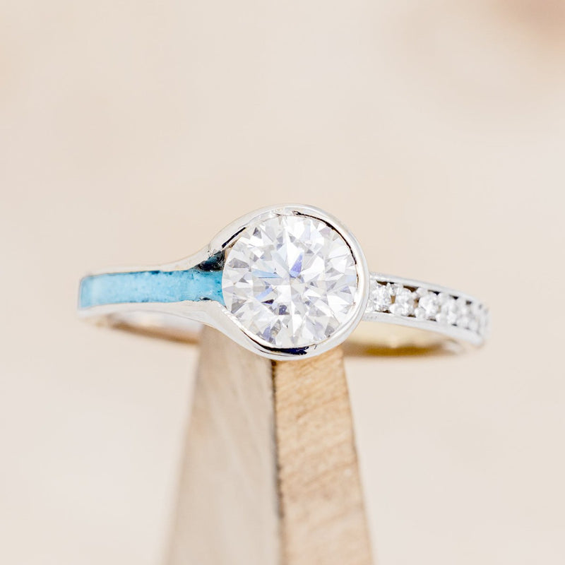 BEZEL SET MOISSANITE ENGAGEMENT RING WITH TURQUOISE INLAYS & DIAMOND ACCENTS