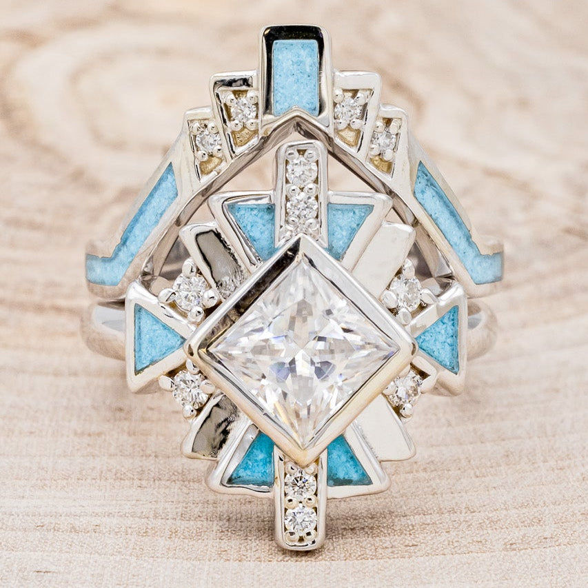 "CALLIANDRA" - BRIDAL SUITE - PRINCESS CUT MOISSANITE ENGAGEMENT RING WITH DIAMOND ACCENTS, TURQUOISE, & TRACERS-10