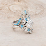 "CALLIANDRA" - BRIDAL SUITE - PRINCESS CUT MOISSANITE ENGAGEMENT RING WITH DIAMOND ACCENTS, TURQUOISE, & TRACERS