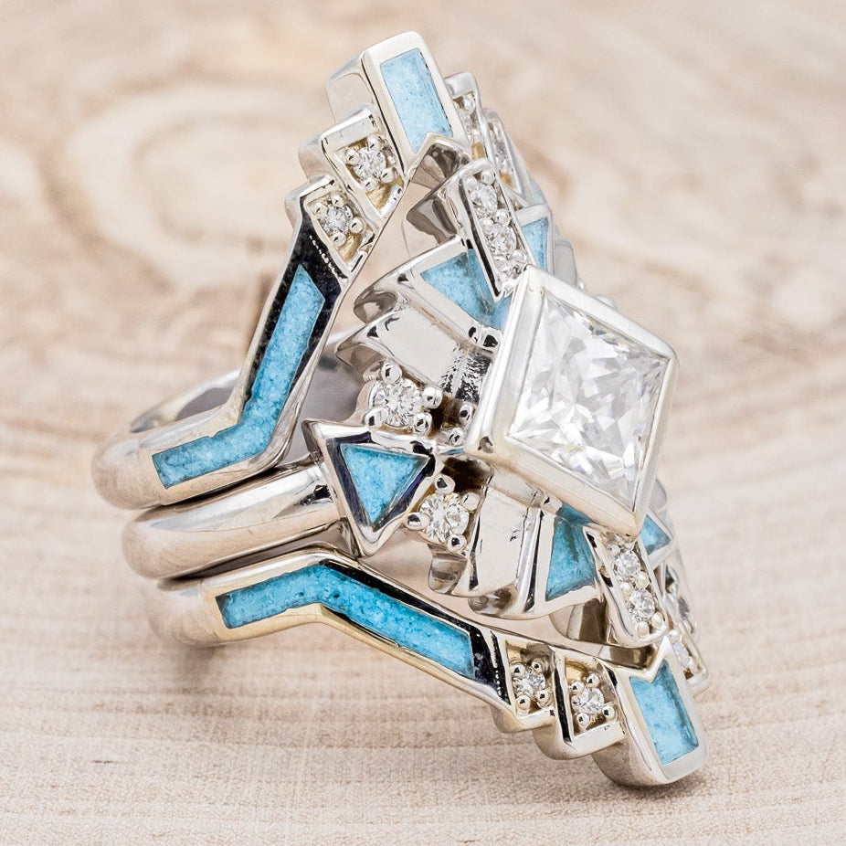 "CALLIANDRA" - BRIDAL SUITE - PRINCESS CUT MOISSANITE ENGAGEMENT RING WITH DIAMOND ACCENTS, TURQUOISE, & TRACERS-2