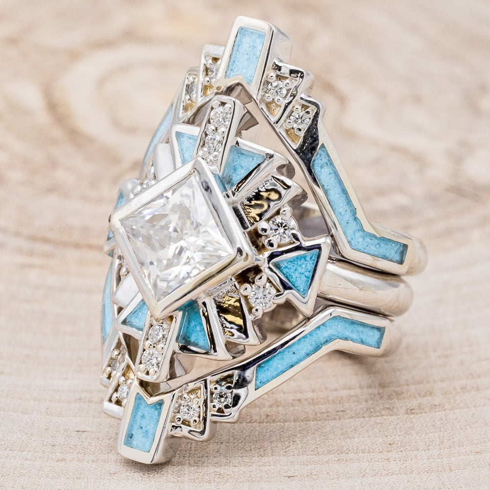 "CALLIANDRA" - BRIDAL SUITE - PRINCESS CUT MOISSANITE ENGAGEMENT RING WITH DIAMOND ACCENTS, TURQUOISE, & TRACERS-3