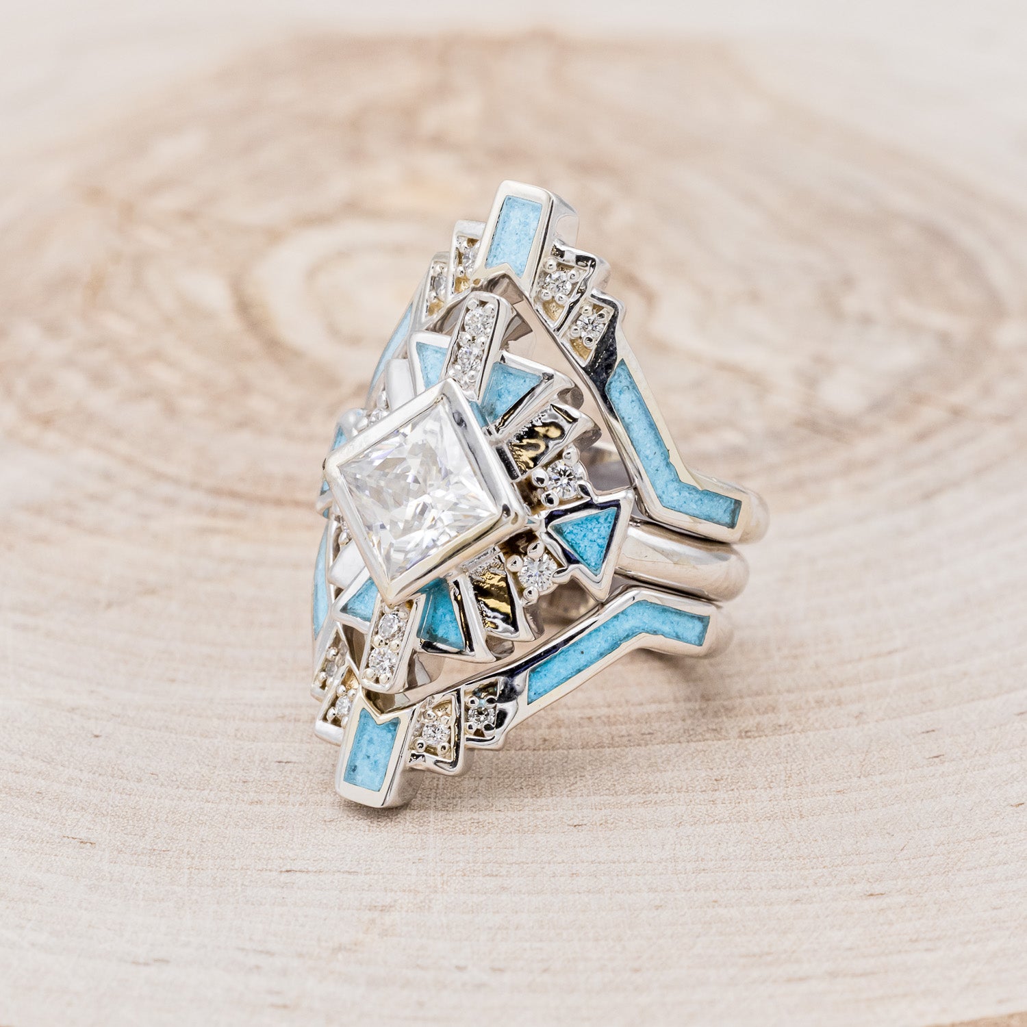 "CALLIANDRA" - BRIDAL SUITE - PRINCESS CUT MOISSANITE ENGAGEMENT RING WITH DIAMOND ACCENTS, TURQUOISE, & TRACERS-3