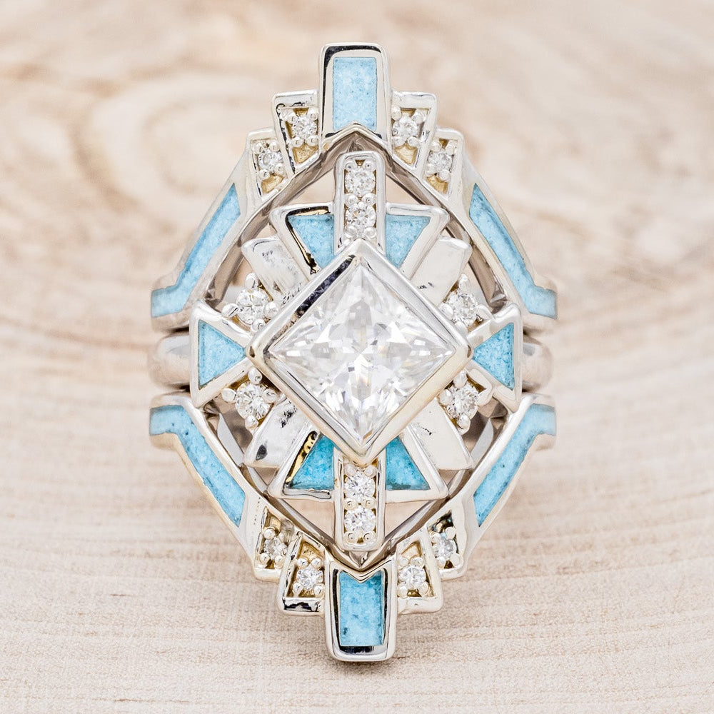 "CALLIANDRA" - BRIDAL SUITE - PRINCESS CUT MOISSANITE ENGAGEMENT RING WITH DIAMOND ACCENTS, TURQUOISE, & TRACERS-4