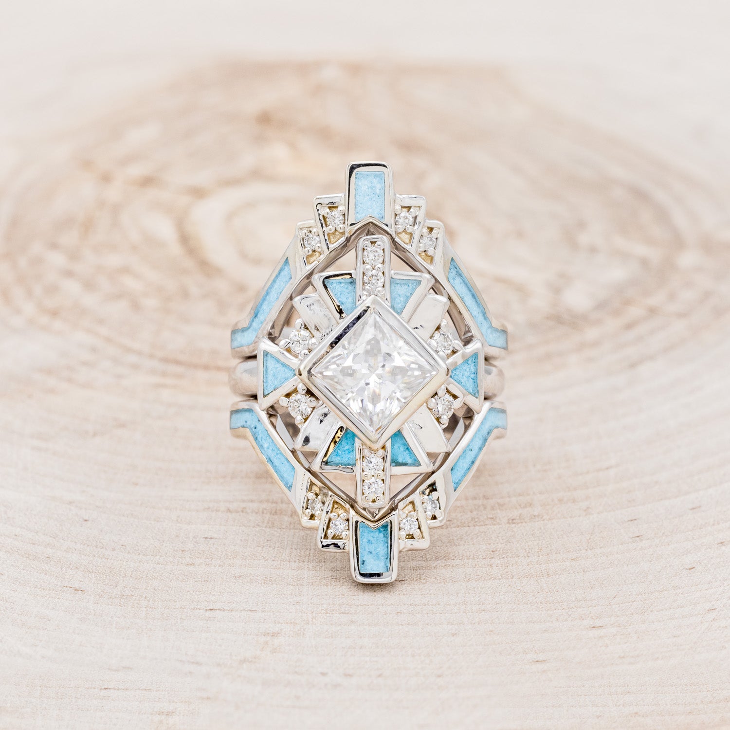"CALLIANDRA" - BRIDAL SUITE - PRINCESS CUT MOISSANITE ENGAGEMENT RING WITH DIAMOND ACCENTS, TURQUOISE, & TRACERS-4