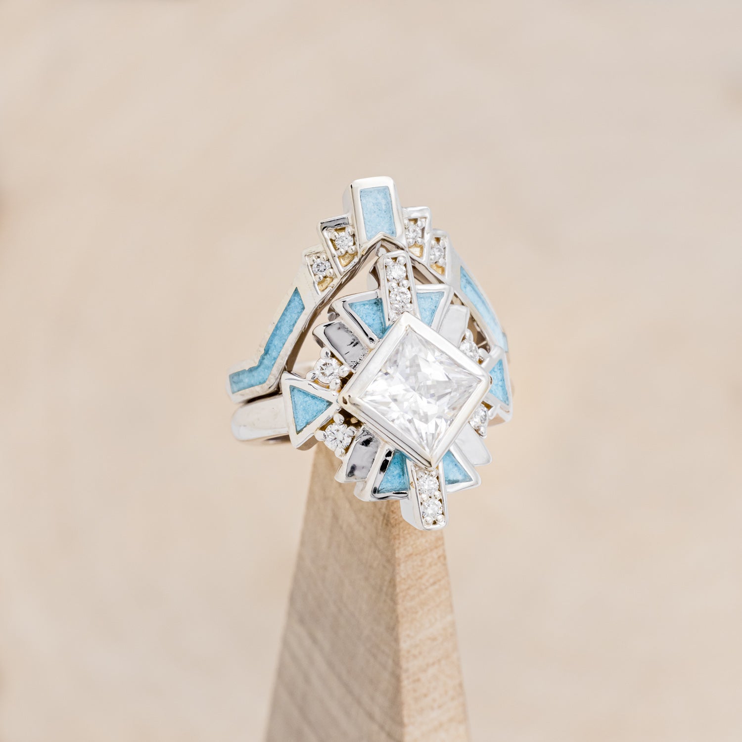 "CALLIANDRA" - BRIDAL SUITE - PRINCESS CUT MOISSANITE ENGAGEMENT RING WITH DIAMOND ACCENTS, TURQUOISE, & TRACERS-7