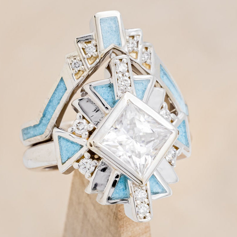 "CALLIANDRA" - BRIDAL SUITE - PRINCESS CUT MOISSANITE ENGAGEMENT RING WITH DIAMOND ACCENTS, TURQUOISE, & TRACERS-7