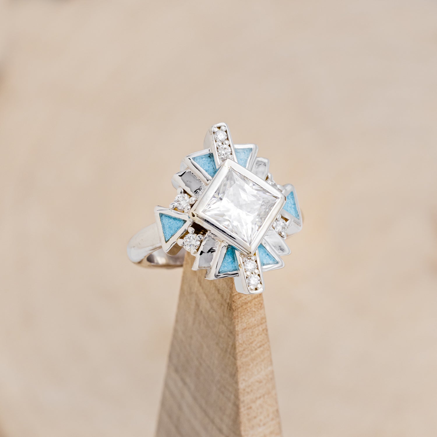 "CALLIANDRA" - BRIDAL SUITE - PRINCESS CUT MOISSANITE ENGAGEMENT RING WITH DIAMOND ACCENTS, TURQUOISE, & TRACERS-13