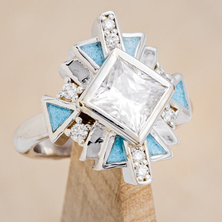 "CALLIANDRA" - BRIDAL SUITE - PRINCESS CUT MOISSANITE ENGAGEMENT RING WITH DIAMOND ACCENTS, TURQUOISE, & TRACERS-13