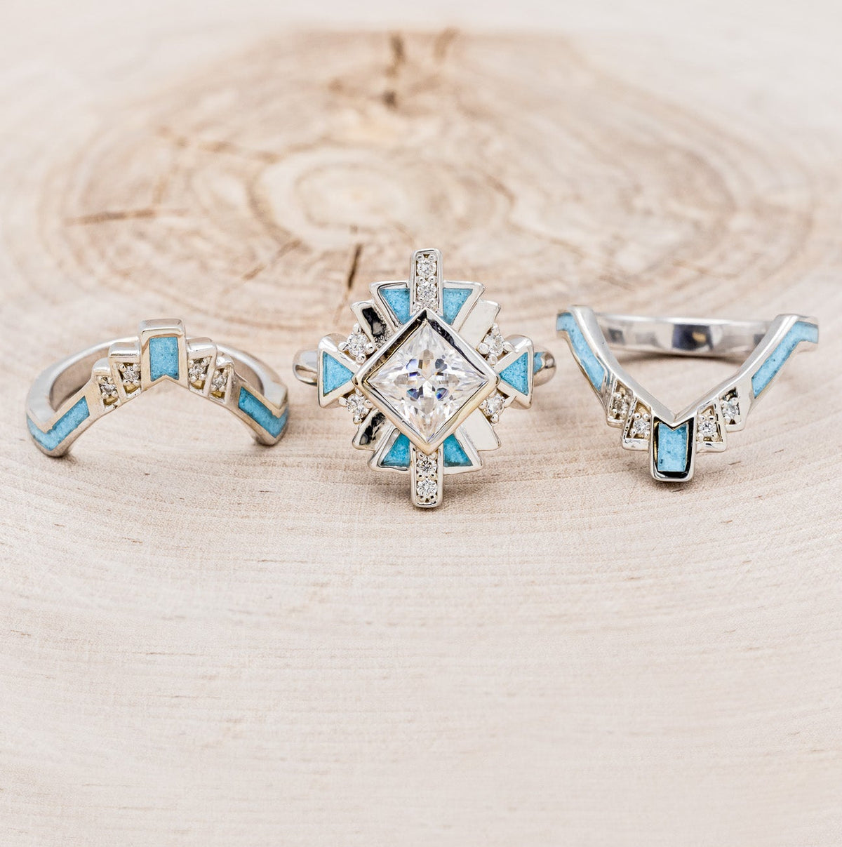 "CALLIANDRA" - BRIDAL SUITE - PRINCESS CUT MOISSANITE ENGAGEMENT RING WITH DIAMOND ACCENTS, TURQUOISE, & TRACERS-6