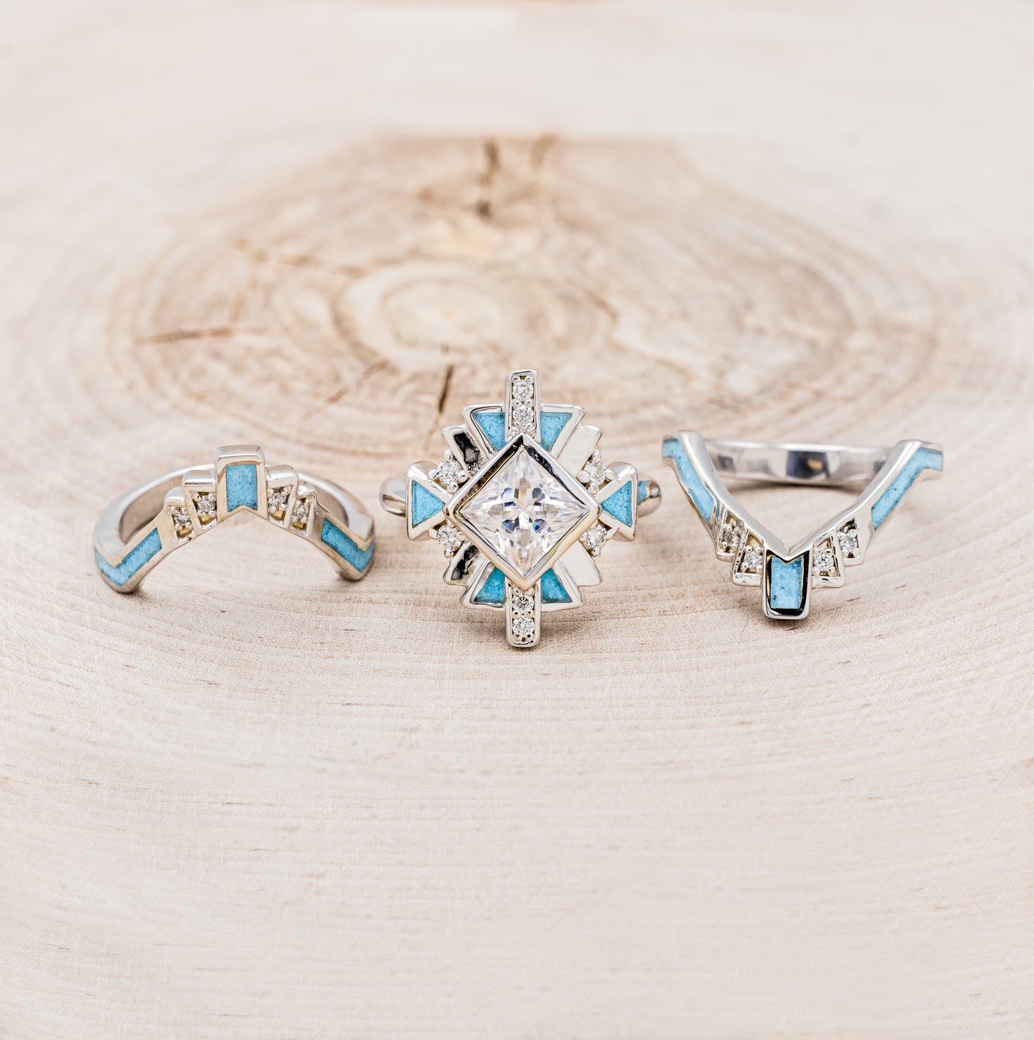 "CALLIANDRA" - BRIDAL SUITE - PRINCESS CUT MOISSANITE ENGAGEMENT RING WITH DIAMOND ACCENTS, TURQUOISE, & TRACERS-6