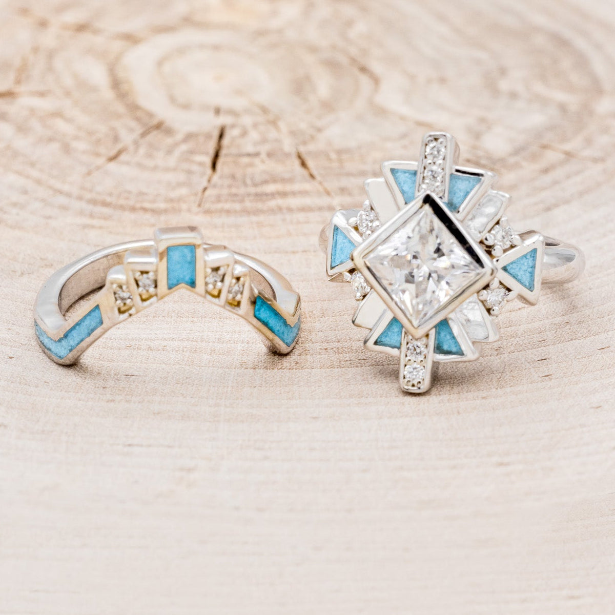 "CALLIANDRA" - BRIDAL SUITE - PRINCESS CUT MOISSANITE ENGAGEMENT RING WITH DIAMOND ACCENTS, TURQUOISE, & TRACERS-11