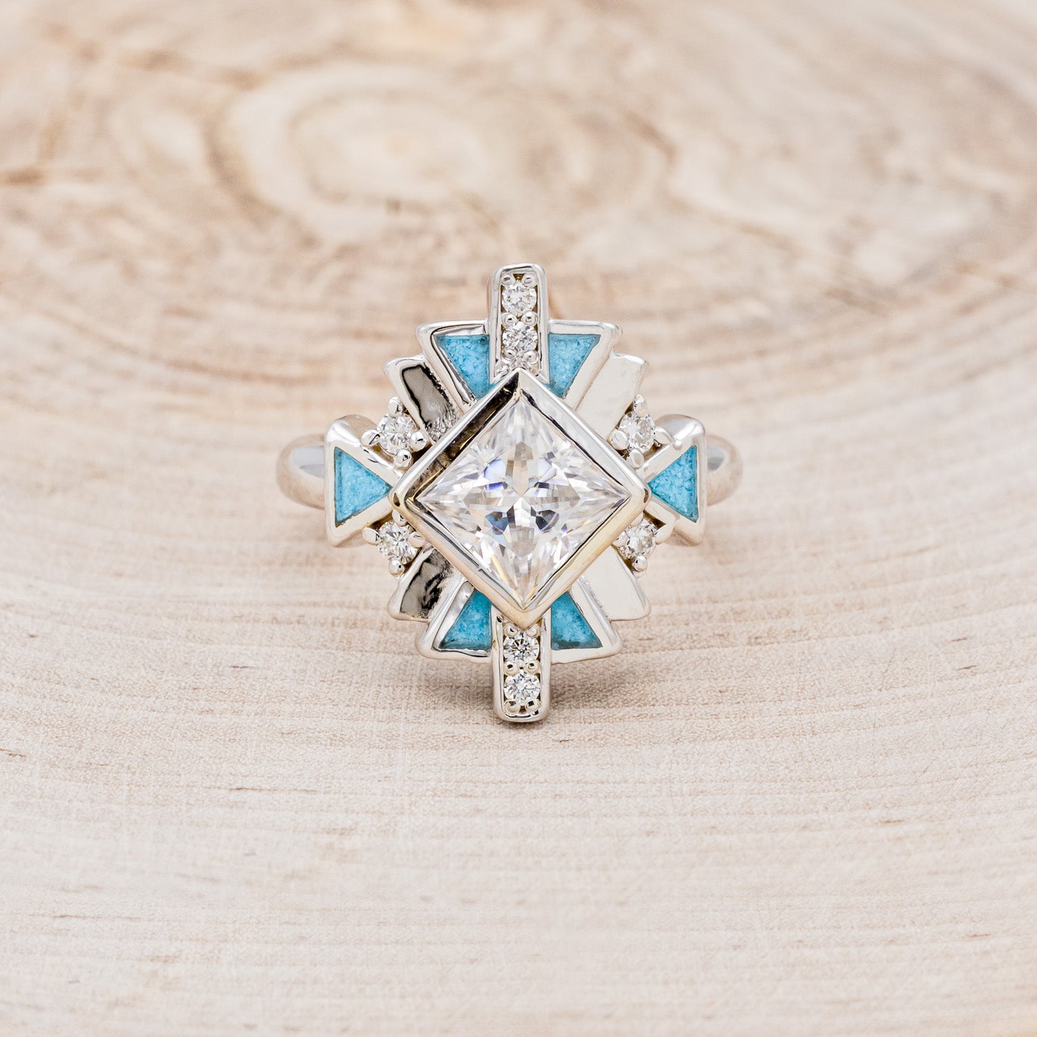 "CALLIANDRA" - BRIDAL SUITE - PRINCESS CUT MOISSANITE ENGAGEMENT RING WITH DIAMOND ACCENTS, TURQUOISE, & TRACERS-16