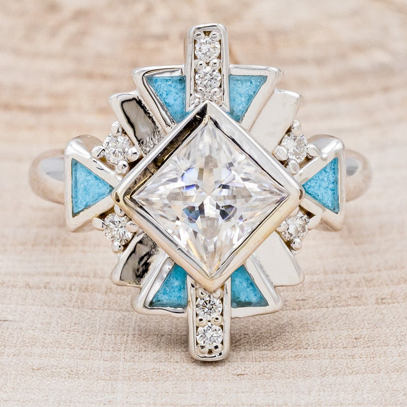 "CALLIANDRA" - BRIDAL SUITE - PRINCESS CUT MOISSANITE ENGAGEMENT RING WITH DIAMOND ACCENTS, TURQUOISE, & TRACERS-16