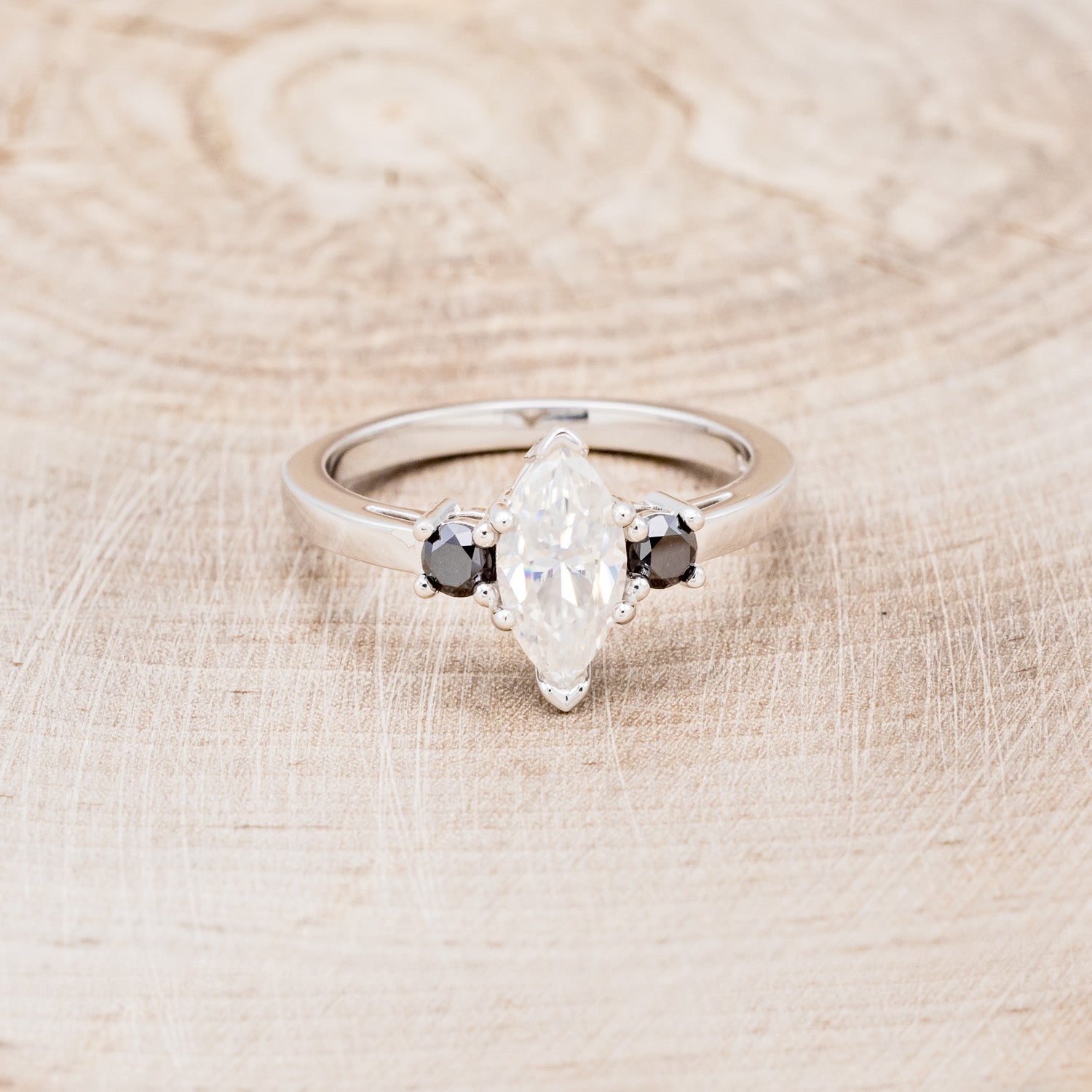 MARQUISE CUT MOISSANITE ENGAGEMENT RING WITH BLACK DIAMOND ACCENTS & "CARA" TRACER-8