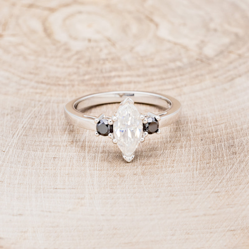 MARQUISE CUT MOISSANITE ENGAGEMENT RING WITH BLACK DIAMOND ACCENTS & "CARA" TRACER