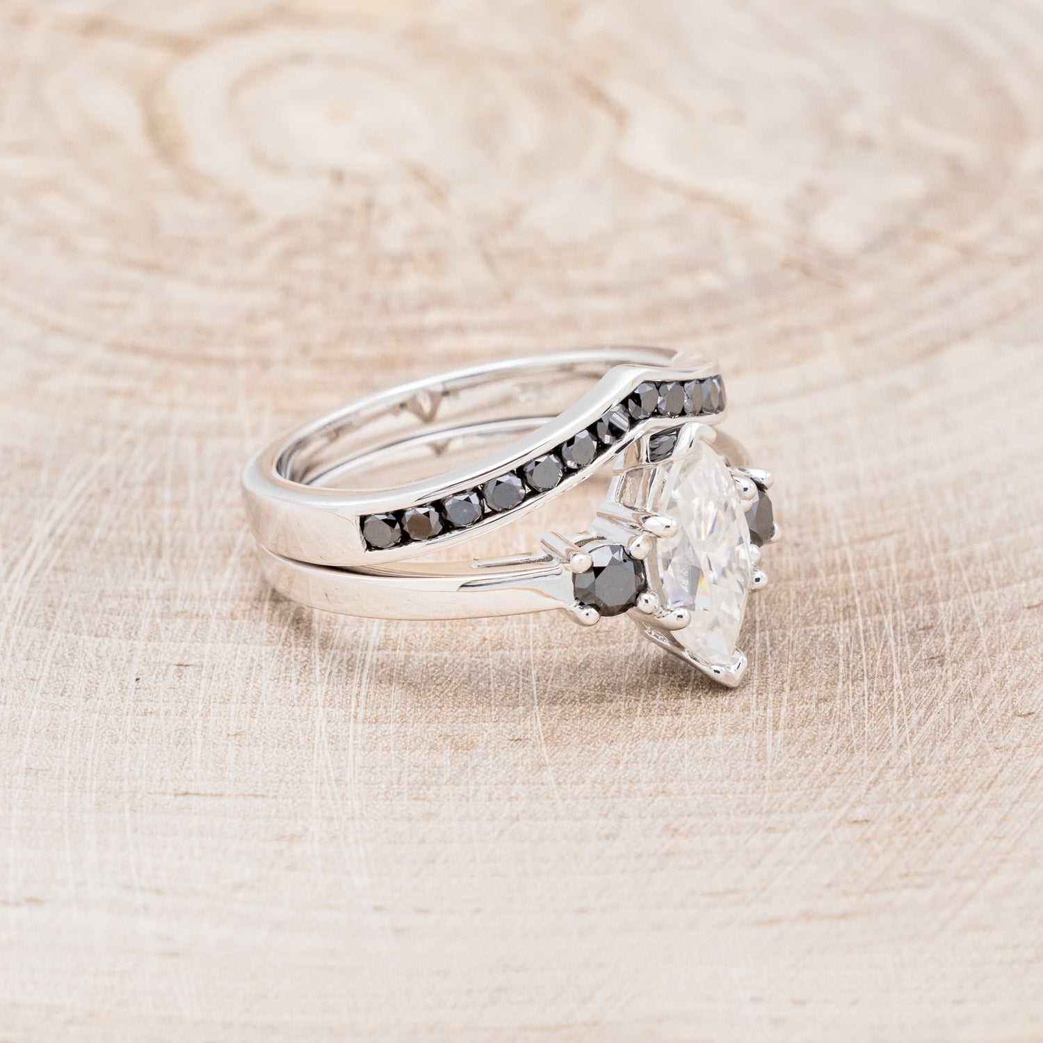 MARQUISE CUT MOISSANITE ENGAGEMENT RING WITH BLACK DIAMOND ACCENTS & "CARA" TRACER-2