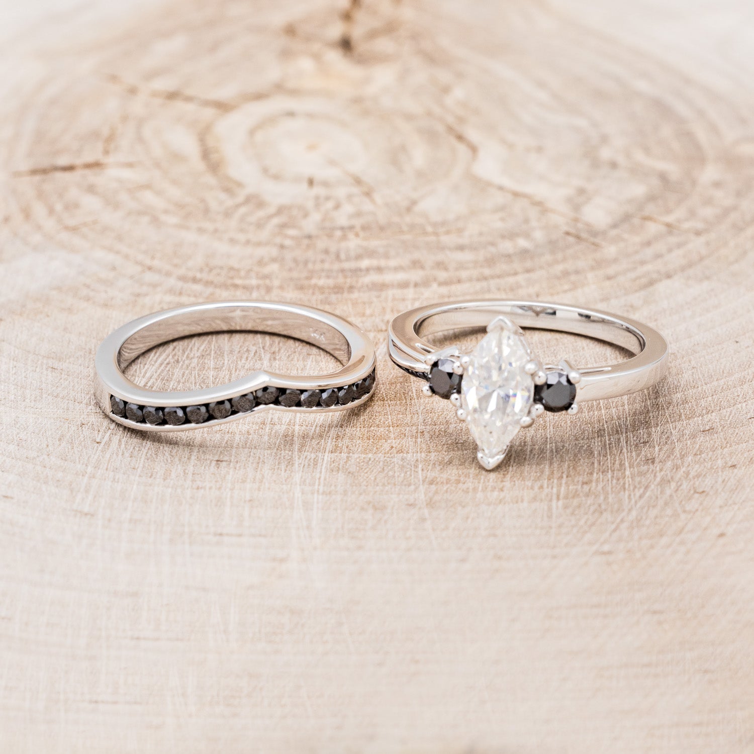 MARQUISE CUT MOISSANITE ENGAGEMENT RING WITH BLACK DIAMOND ACCENTS & "CARA" TRACER-5