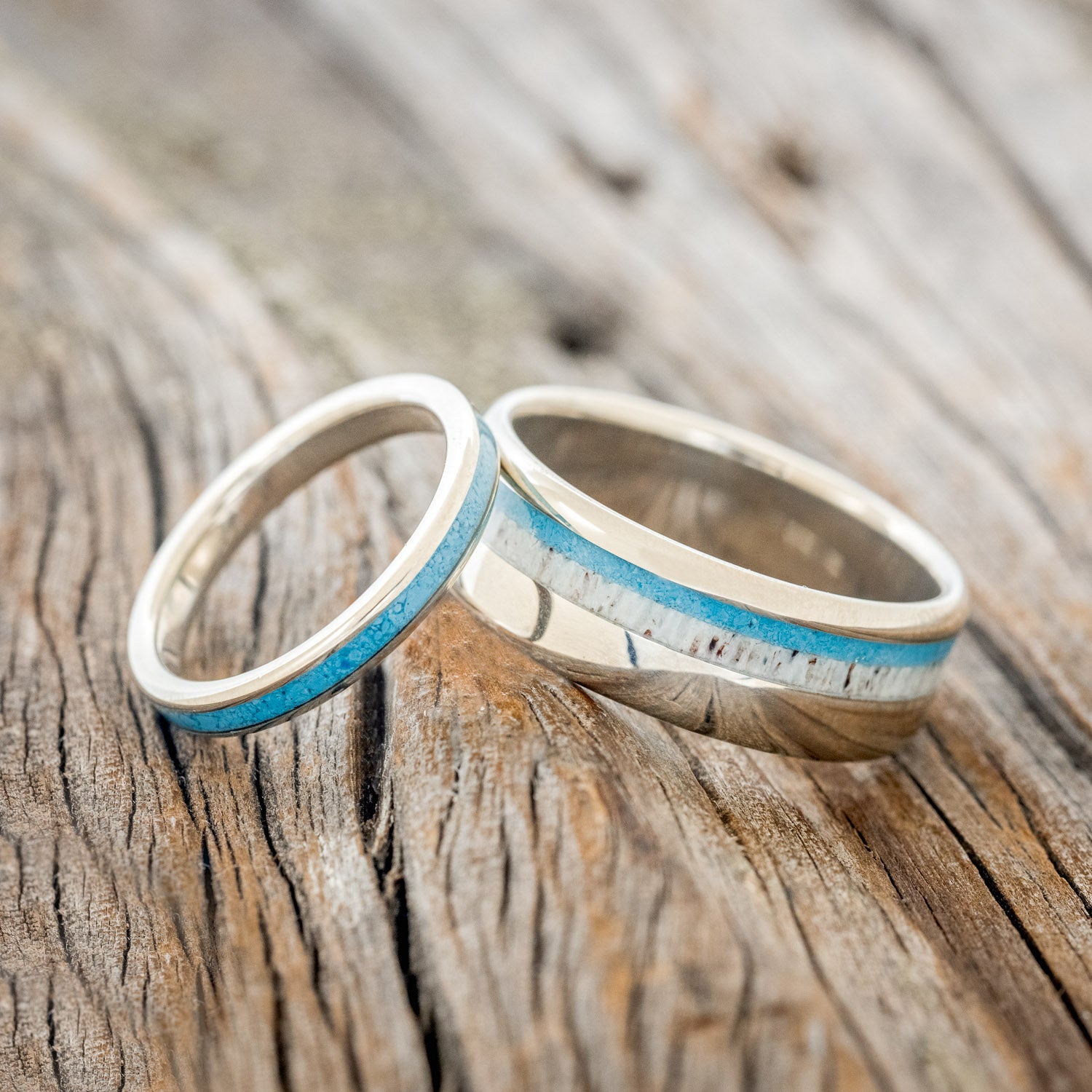 "CASTOR" - MATCHING SET OF ANTLER & TURQUOISE WEDDING BANDS-8
