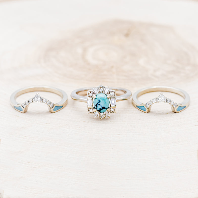 "CLEOPATRA" - BRIDAL SUITE - OVAL TURQUOISE & DIAMOND HALO ENGAGEMENT RING WITH TRACERS