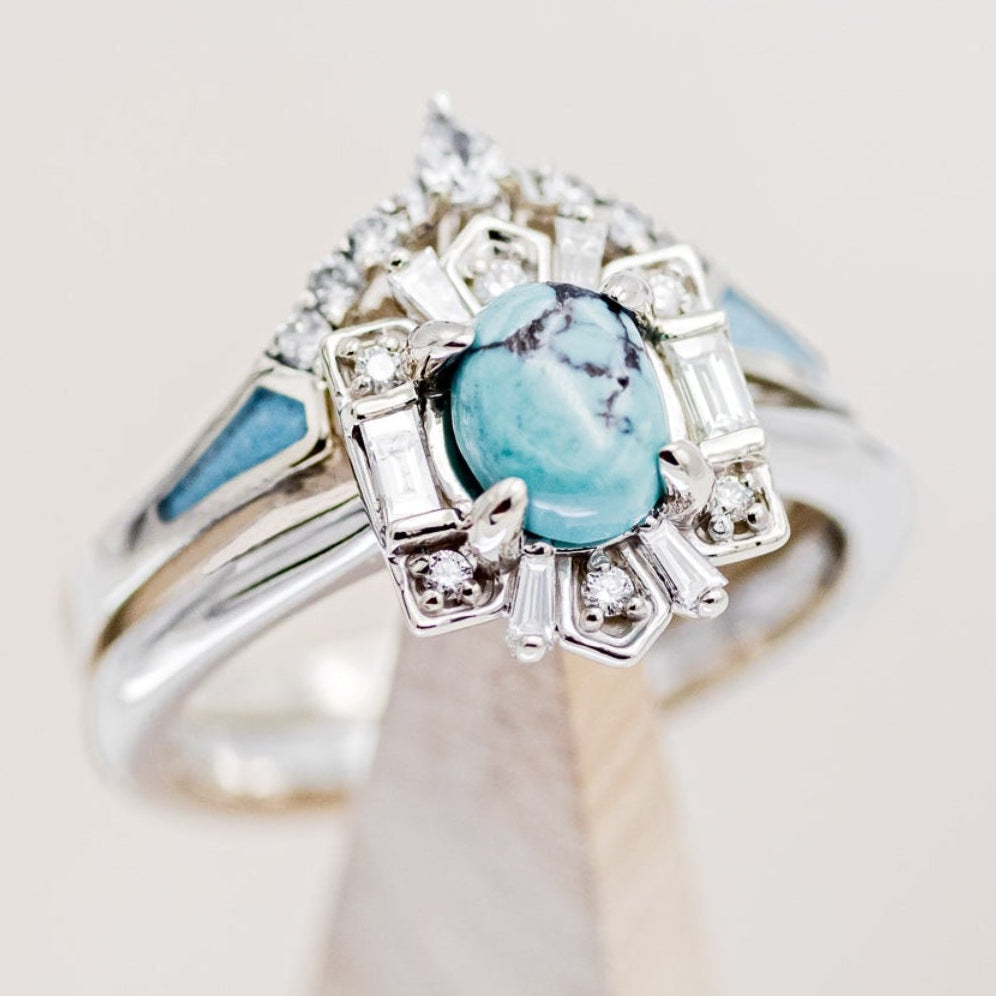 "CLEOPATRA" - BRIDAL SUITE - OVAL TURQUOISE & DIAMOND HALO ENGAGEMENT RING WITH TRACERS-7