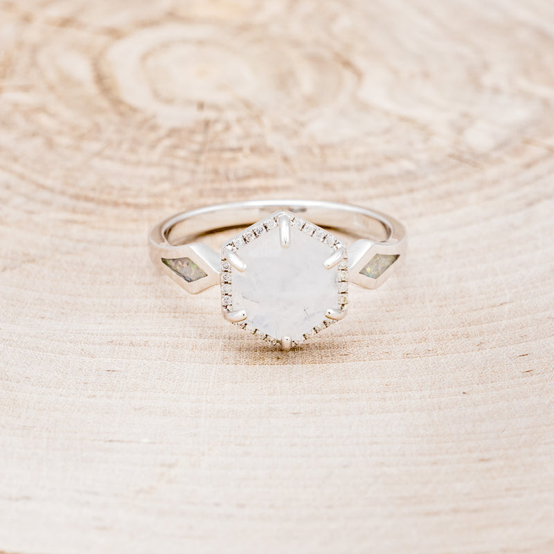 "CRAZY ON YOU" - HEXAGON MOONSTONE ENGAGEMENT RING WITH DIAMOND HALO & WHITE OPAL INLAYS