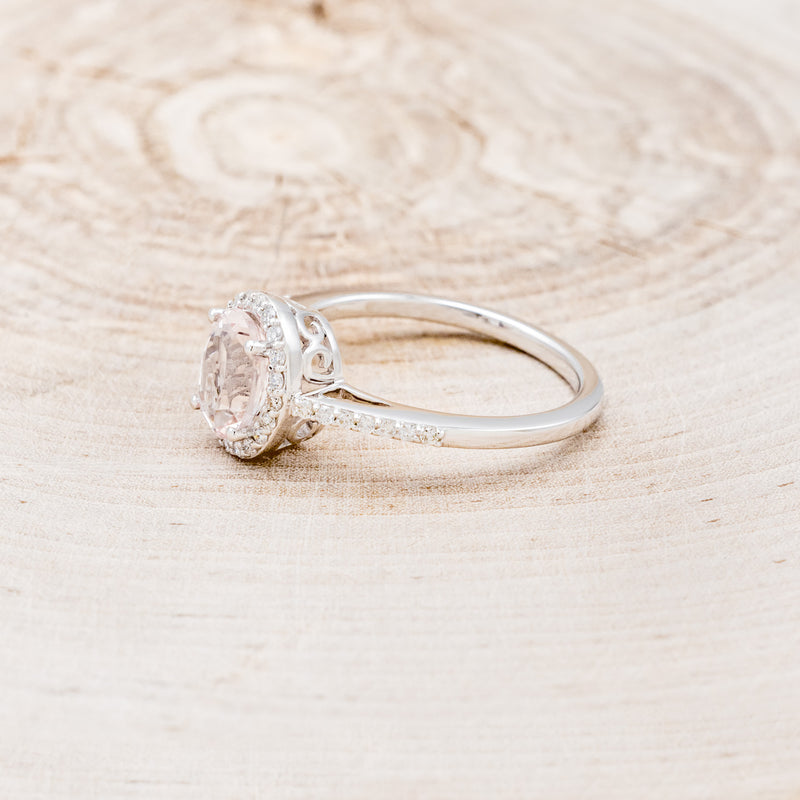 "DIANA" - OVAL MORGANITE ENGAGEMENT RING WITH DIAMOND HALO & ACCENTS - READY TO SHIP