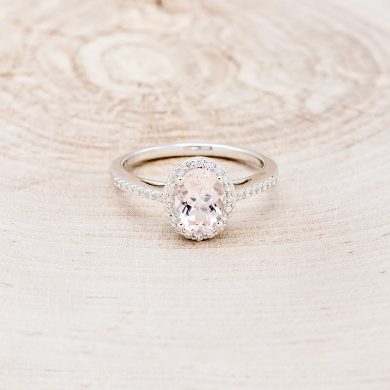 "DIANA" - OVAL MORGANITE ENGAGEMENT RING WITH DIAMOND HALO & ACCENTS - READY TO SHIP