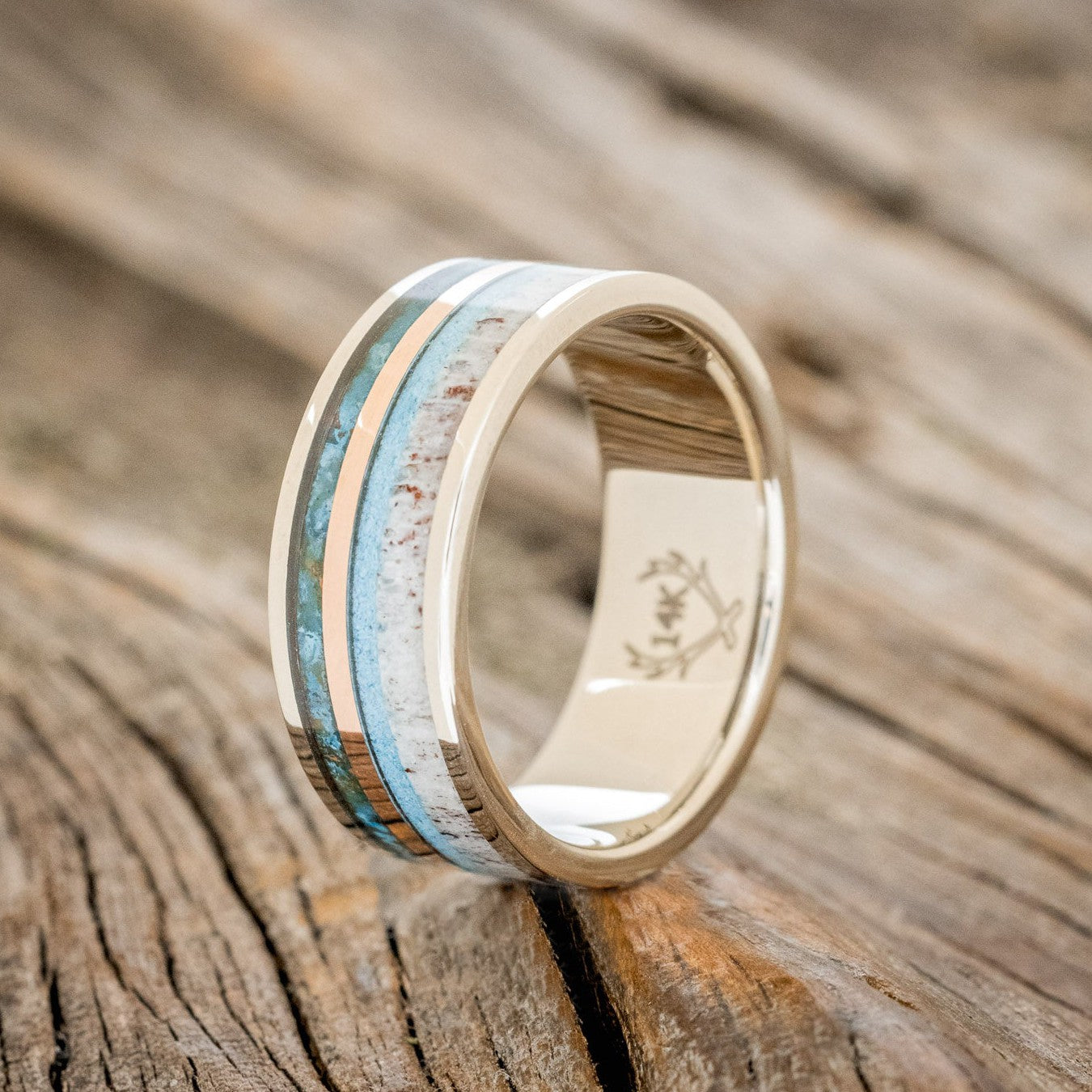 "ELEMENT" - PATINA COPPER, TURQUOISE, ANTLER & 14K ROSE GOLD INLAY WEDDING BAND-1