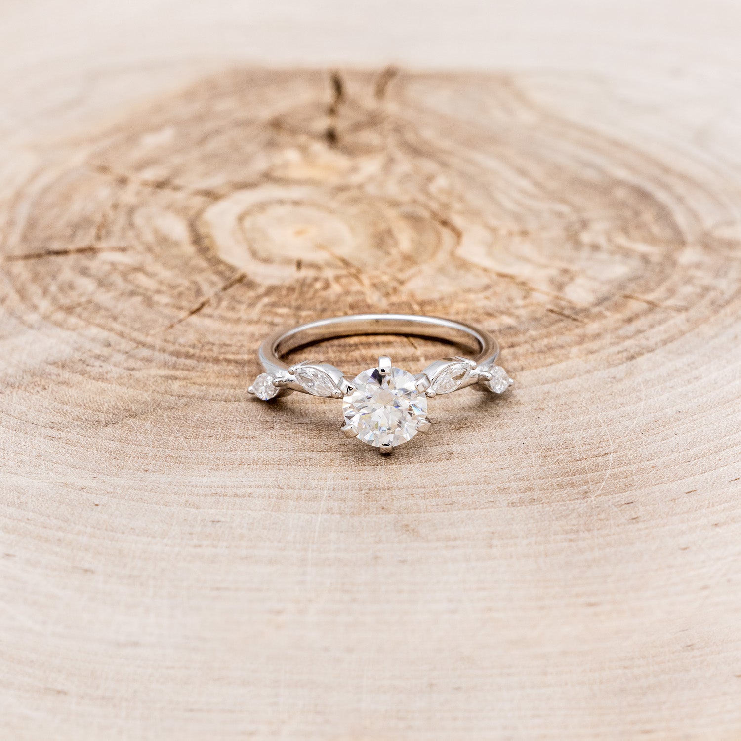 "FLORA" - ROUND CUT MOISSANITE ENGAGEMENT RING WITH LEAF-SHAPED DIAMOND ACCENTS-16