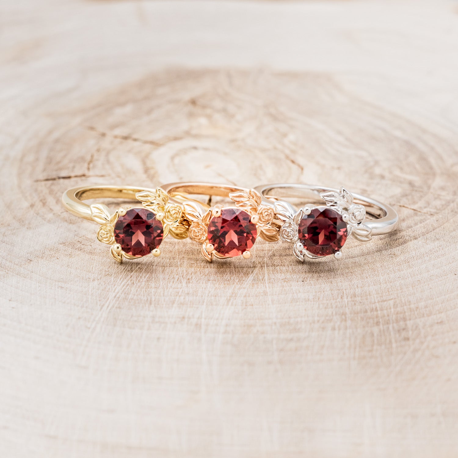 "ROSA" - ROUND CUT MOZAMBIQUE GARNET ENGAGEMENT RING WITH FLOWER ACCENTS-19