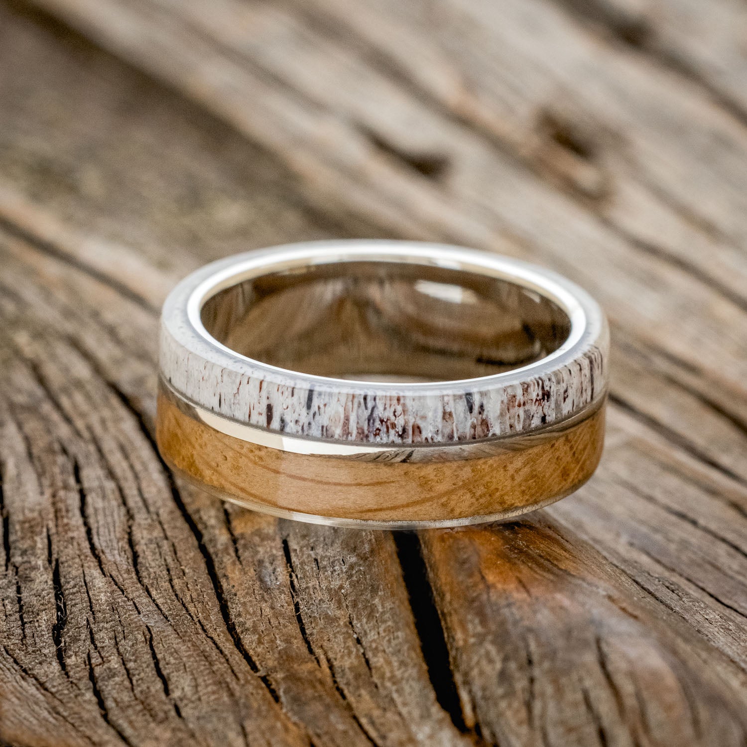 "GOLDEN" - WHISKEY BARREL OAK, ANTLER & 14K GOLD WEDDING RING-9