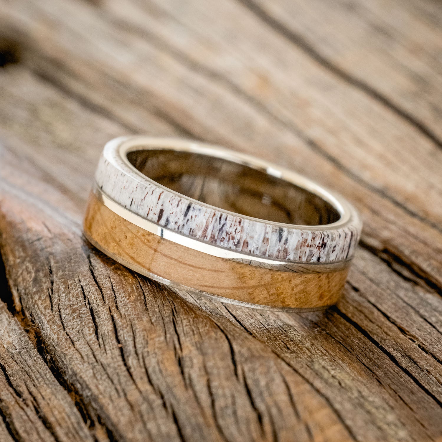 "GOLDEN" - WHISKEY BARREL OAK, ANTLER & 14K GOLD WEDDING RING-8