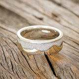 "HELIOS" - FIRE AND ICE OPAL & 14K WHITE GOLD MOUNTAIN RANGE WEDDING RING FEATURING A 14K GOLD BAND