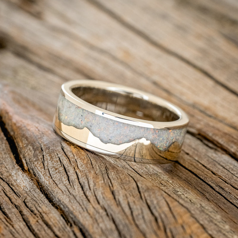 "HELIOS" - FIRE AND ICE OPAL & 14K WHITE GOLD MOUNTAIN RANGE WEDDING RING FEATURING A 14K GOLD BAND