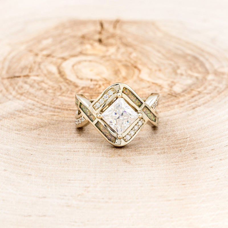 "HELIX" - PRINCESS CUT MOISSANITE ENGAGEMENT RING WITH DIAMOND ACCENTS, FIRE & ICE OPAL INLAYS & DIAMOND TRACER-10