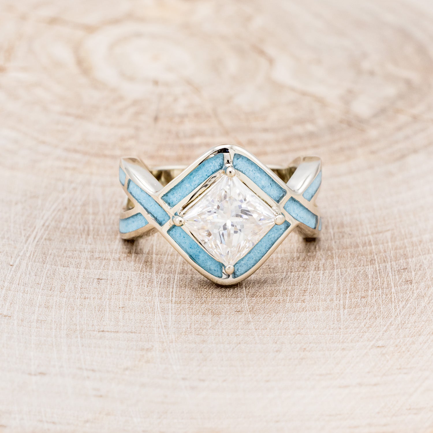 "HELIX" - PRINCESS CUT MOISSANITE ENGAGEMENT RING WITH TURQUOISE INLAYS & DIAMOND TRACER-9