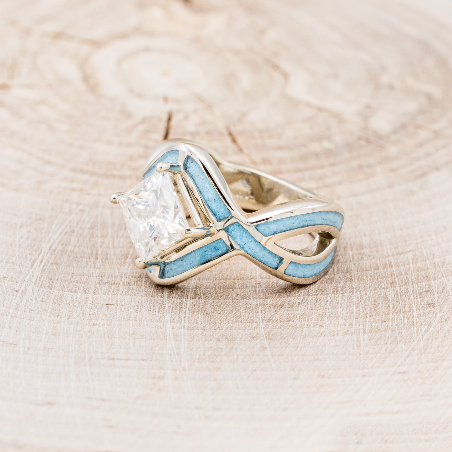 "HELIX" - PRINCESS CUT MOISSANITE ENGAGEMENT RING WITH TURQUOISE INLAYS & DIAMOND TRACER-8