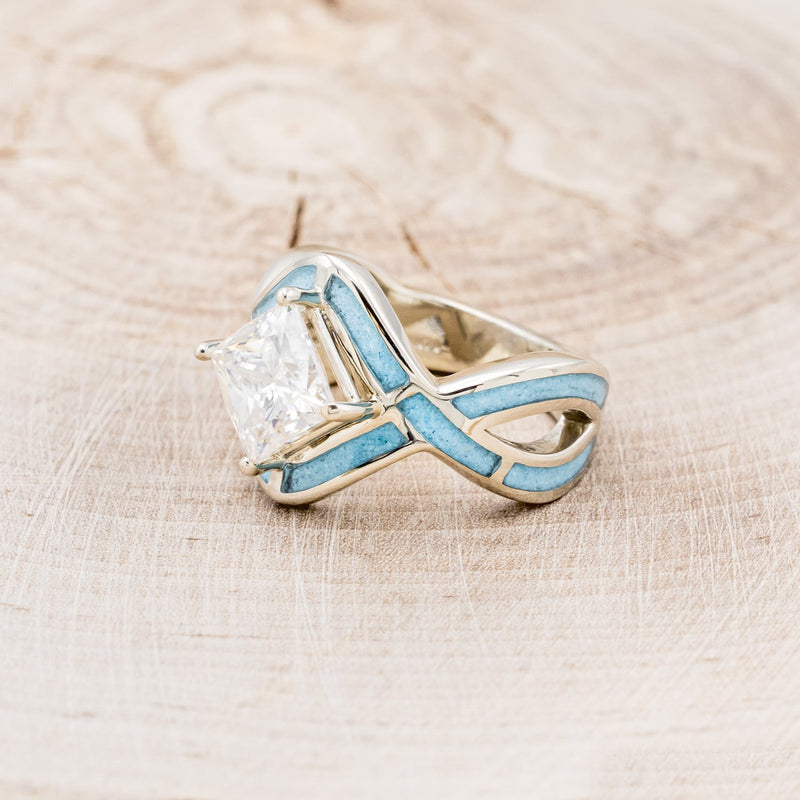 "HELIX" - PRINCESS CUT MOISSANITE ENGAGEMENT RING WITH TURQUOISE INLAYS