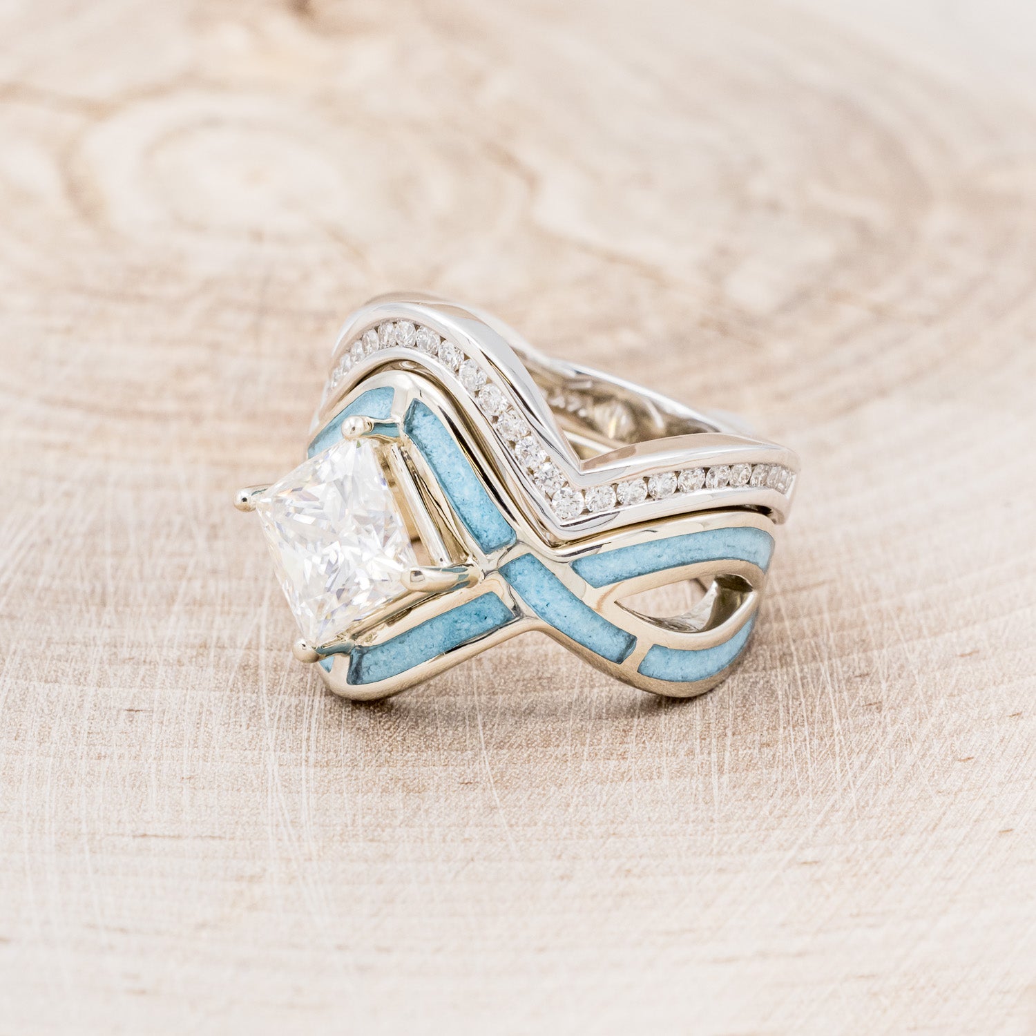 "HELIX" - PRINCESS CUT MOISSANITE ENGAGEMENT RING WITH TURQUOISE INLAYS & DIAMOND TRACER-3