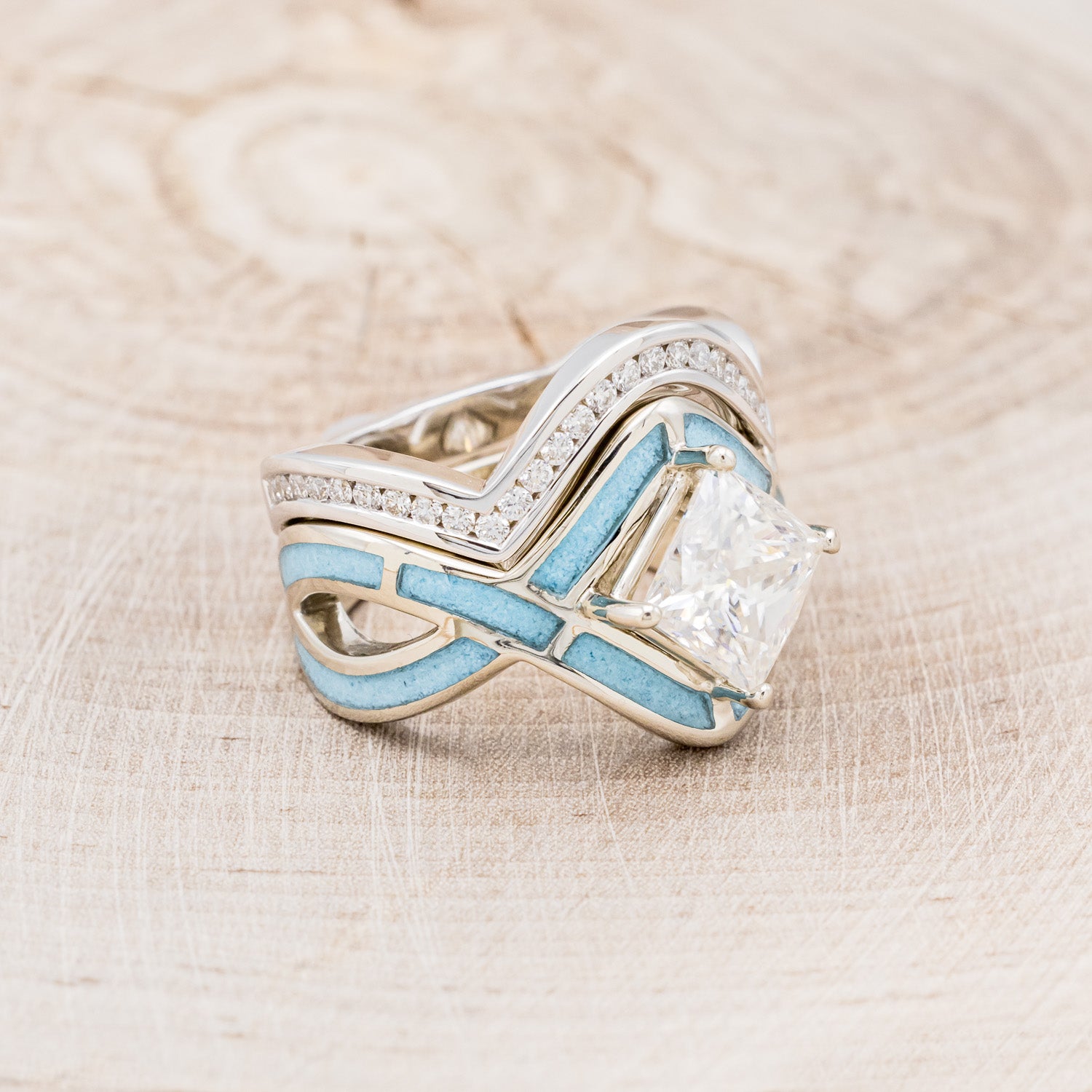 "HELIX" - PRINCESS CUT MOISSANITE ENGAGEMENT RING WITH TURQUOISE INLAYS & DIAMOND TRACER-2