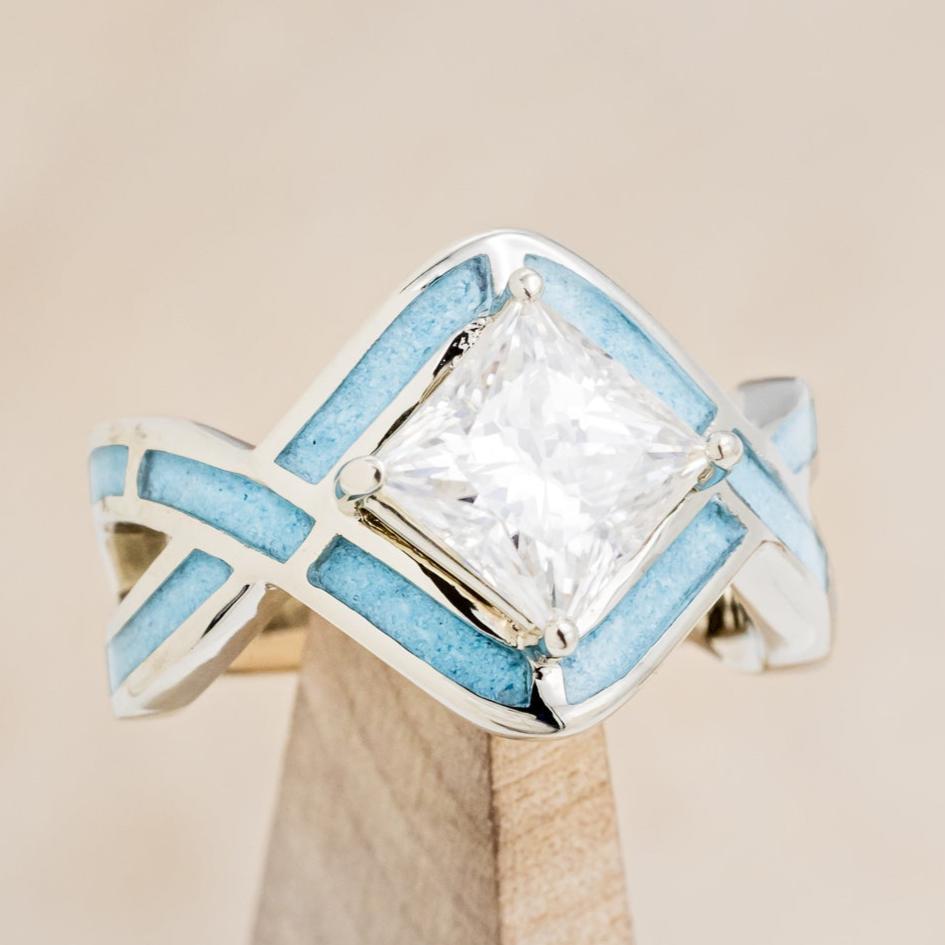 "HELIX" - PRINCESS CUT MOISSANITE ENGAGEMENT RING WITH TURQUOISE INLAYS & DIAMOND TRACER-7